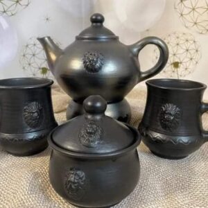 Zestaw dzbanek + 2 kubka + cukiernica, czarna glina