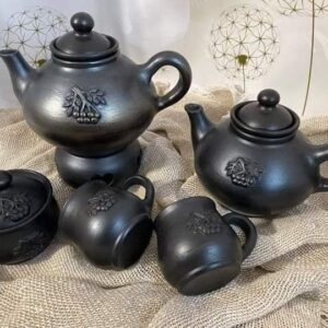 Zestaw czajnik ogrzewany + czajniczek + 2 kubka + cukiernica, czarna glina